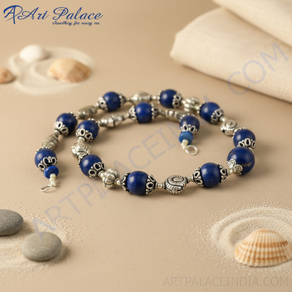 Sterling silver beaded necklace with round dark blue lapis lazuli gemstone beads for women