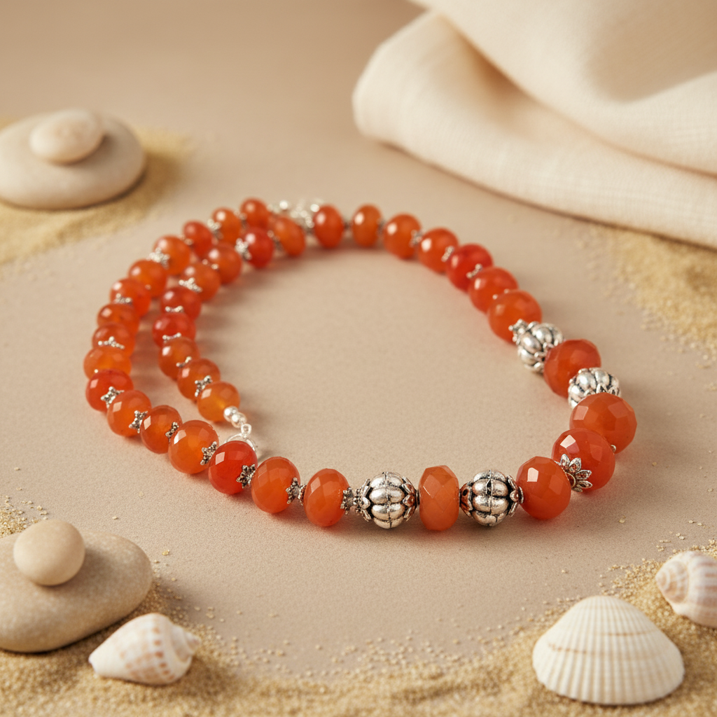Orange Carnelian Bead Necklace | Sterling Silver Accents | Gift