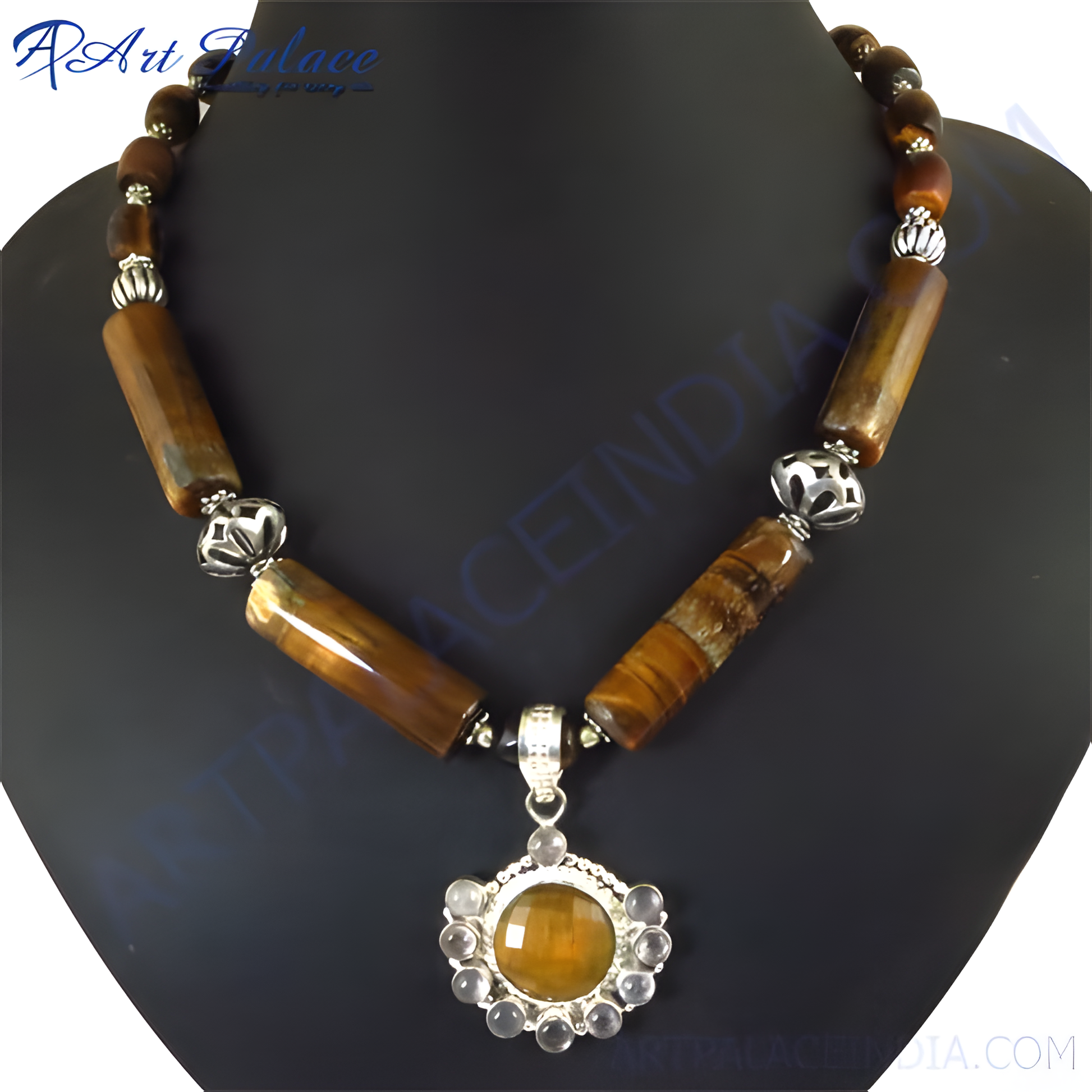 Brown tiger eye stone bead necklace with a matching pendant, perfect for any occasion.
