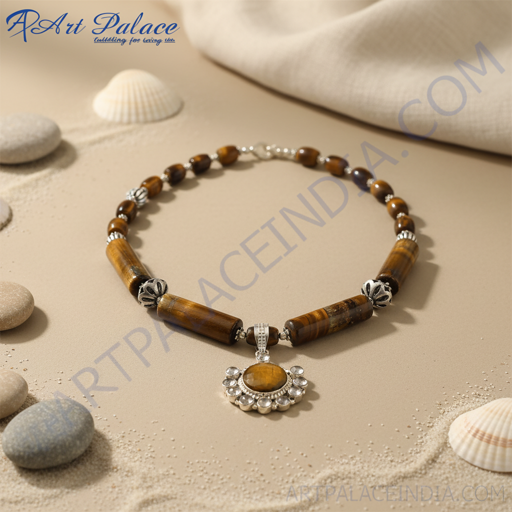 Brown tiger eye stone bead necklace with a matching pendant, perfect for any occasion.
