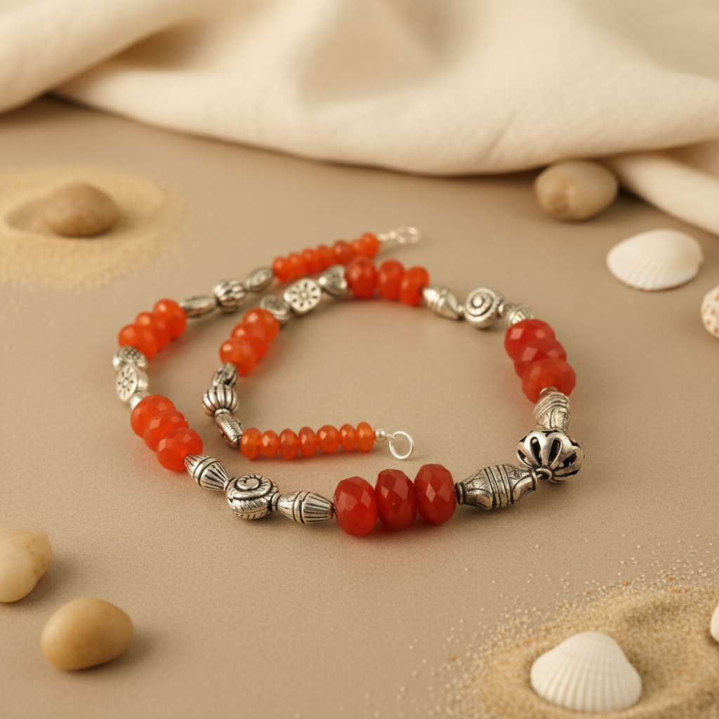 Red Carnelian Bead Necklace | 925 Silver | Women's Jewelry