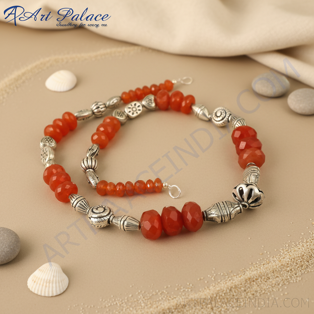 Red carnelian bead necklace with 925 sterling silver accents