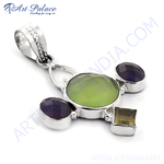 Load image into Gallery viewer, 925 sterling silver cross pendant featuring a green gemstone and amethyst accents
