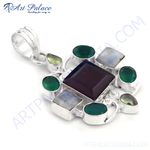 Load image into Gallery viewer, 925 sterling silver multi-gemstone pendant with various colorful gemstones on a white background, jewelry product photography

