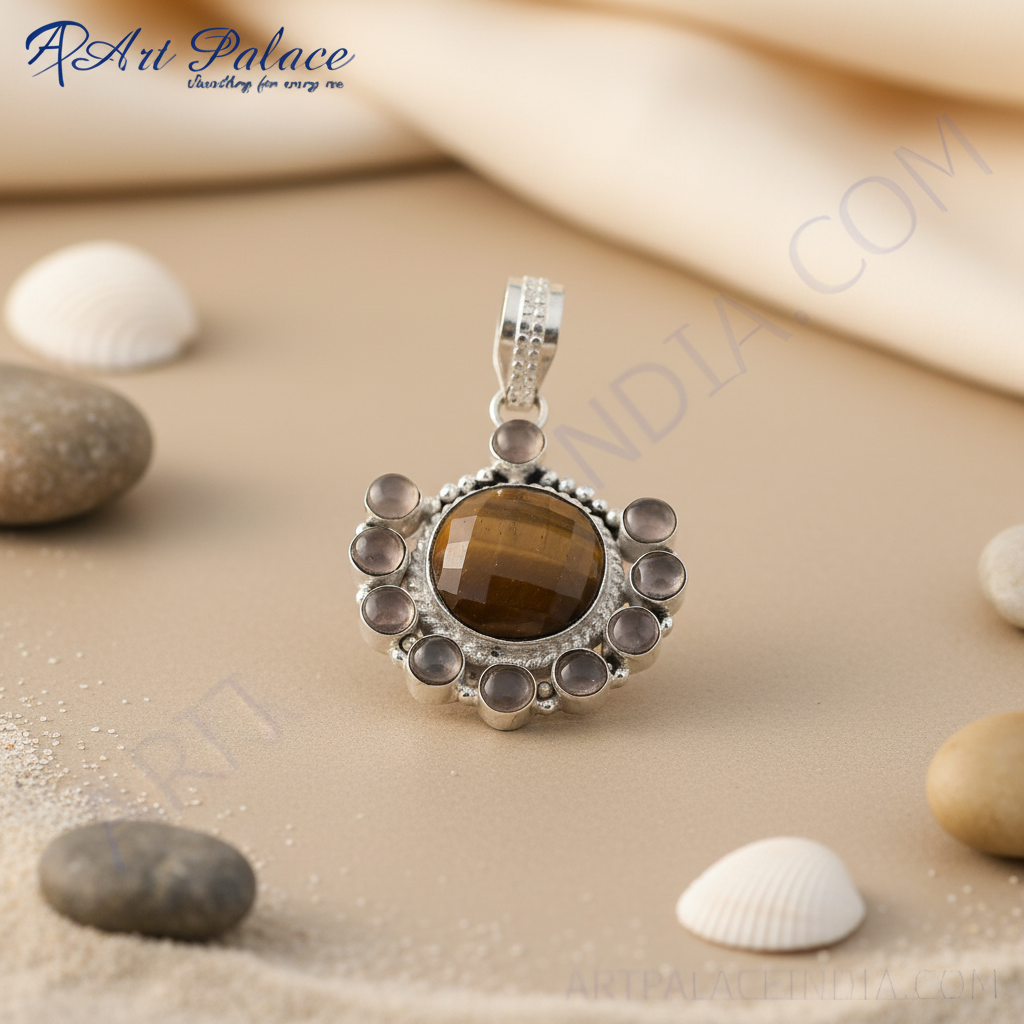 925 sterling silver pendant with a central tiger eye gemstone and surrounding accent stones, a beautiful jewelry piece.