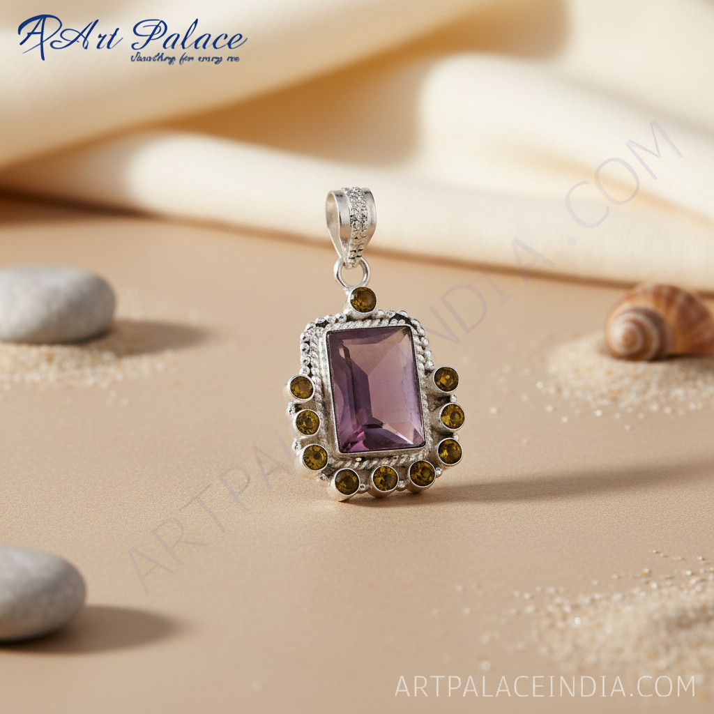 925 sterling silver amethyst pendant with purple gemstone and yellow accent stones.