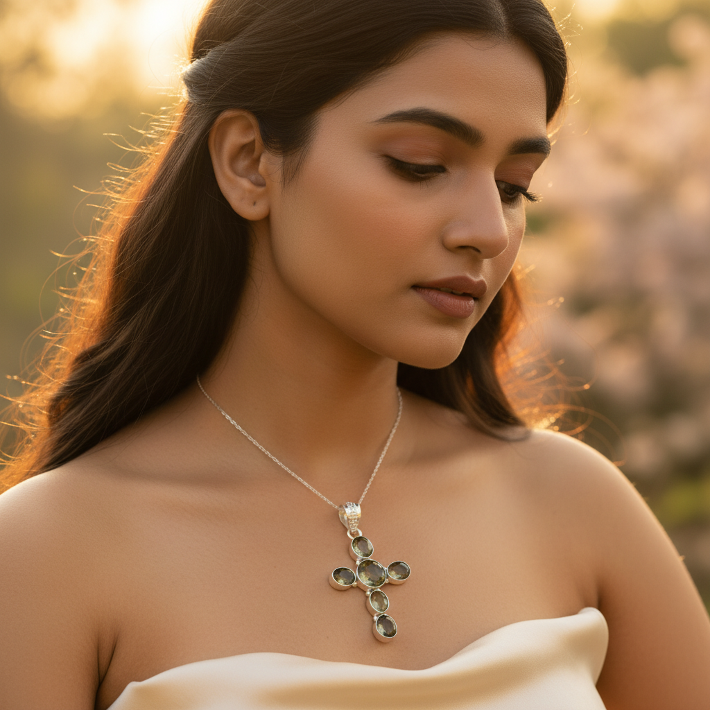 925 Silver Cross Pendant with Green Gemstones | Women's Jewelry