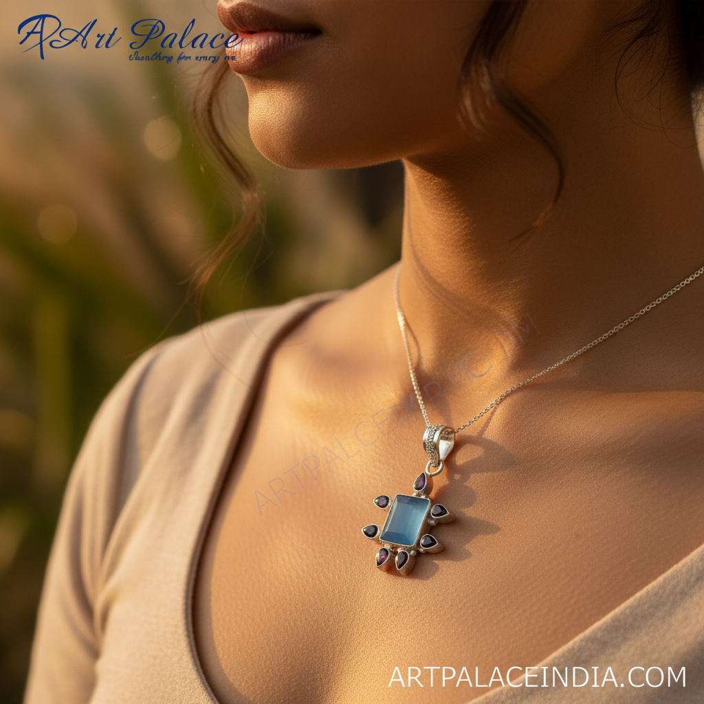 925 Silver Blue Gemstone Pendant Necklace for Women
