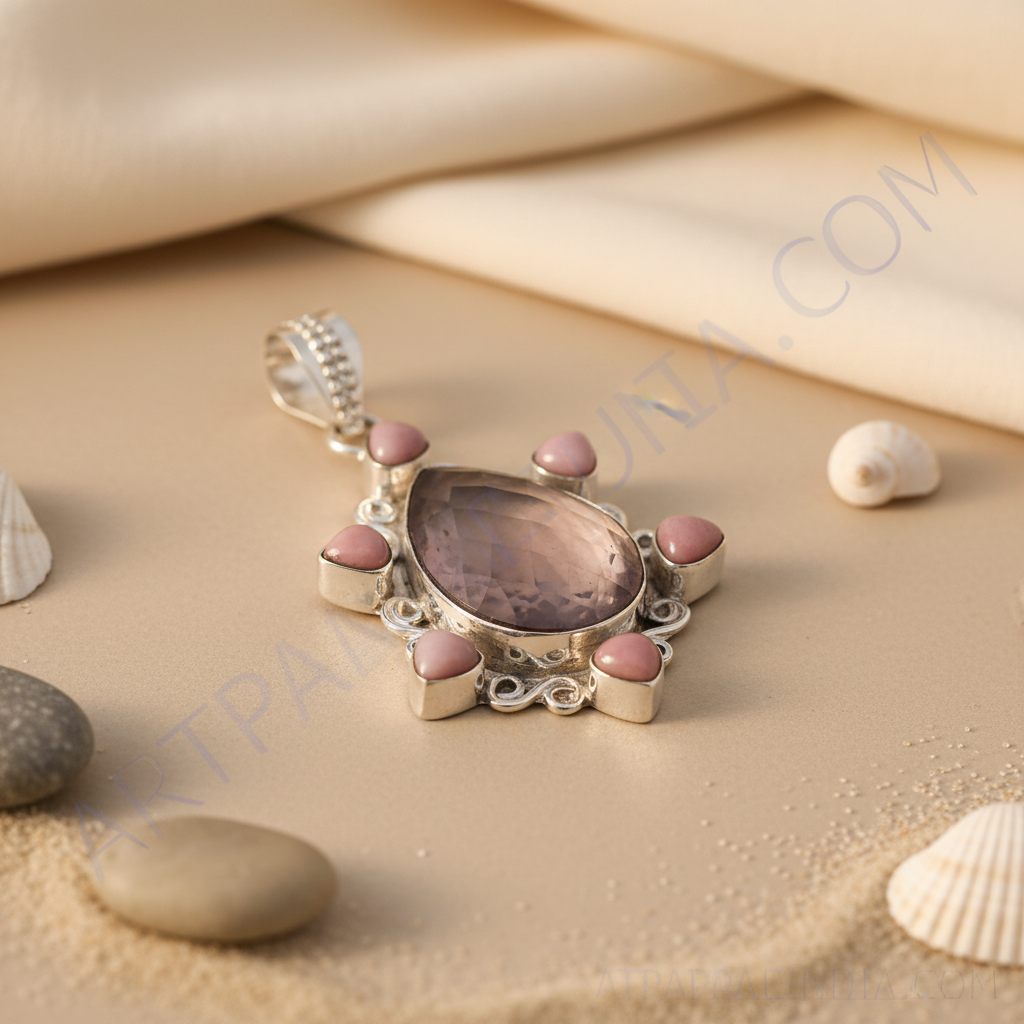 925 sterling silver pendant with a large pink rose quartz gemstone and small pink accents