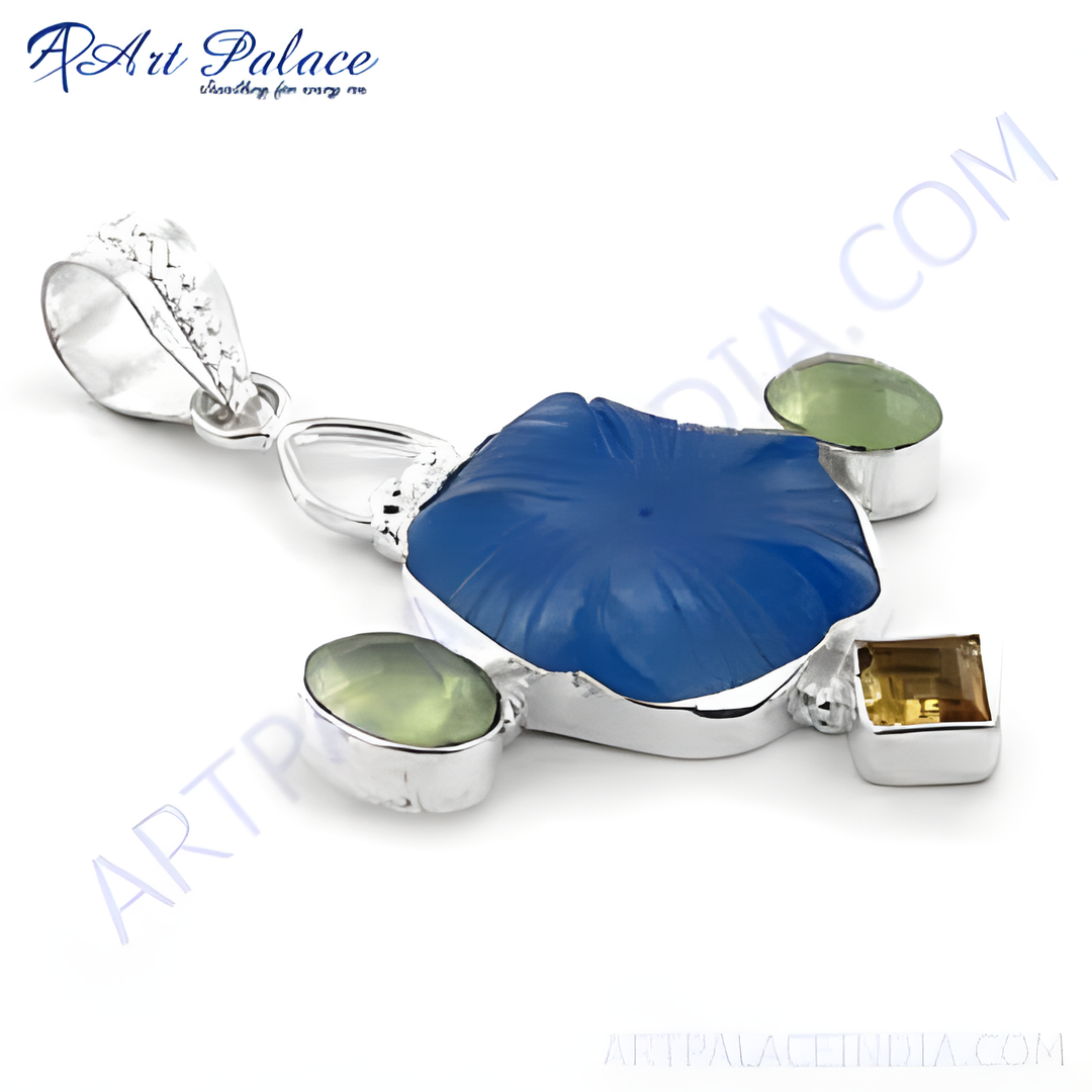 925 sterling silver pendant with a large blue gemstone and smaller green and yellow stones.