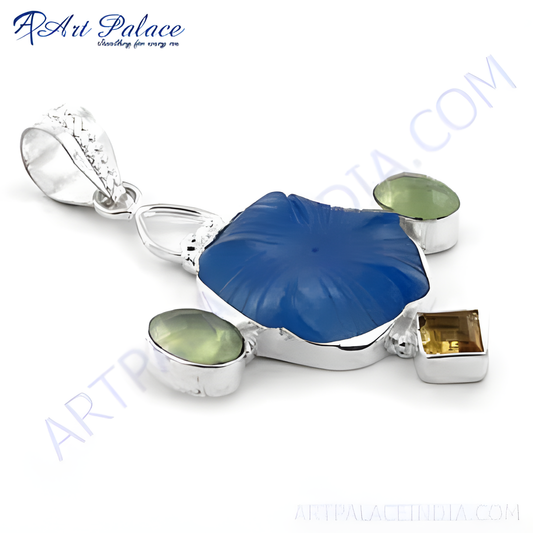 925 sterling silver pendant with a large blue gemstone and smaller green and yellow stones.