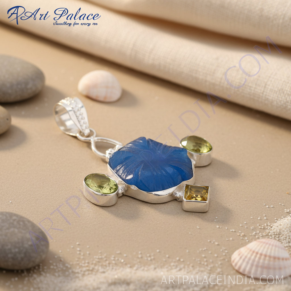 925 sterling silver pendant with a large blue gemstone and smaller green and yellow stones