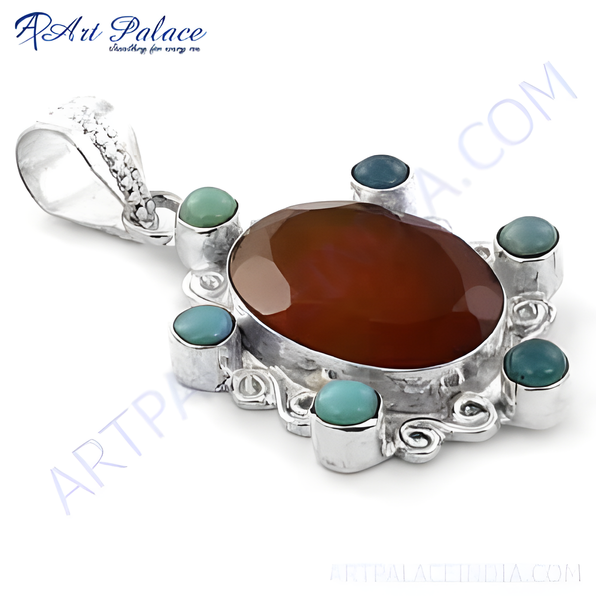 925 sterling silver gemstone pendant with a large brown central stone and blue green accent stones