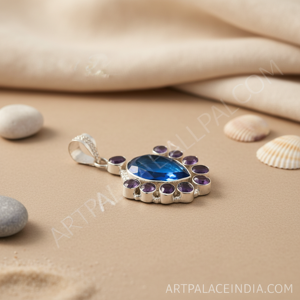 925 sterling silver pendant with a pear-shaped blue topaz center stone and amethyst accents, displayed on a white background.