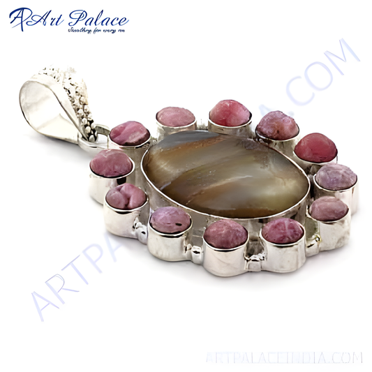 Sterling silver pendant featuring a large brown gemstone center surrounded by pink gemstones.