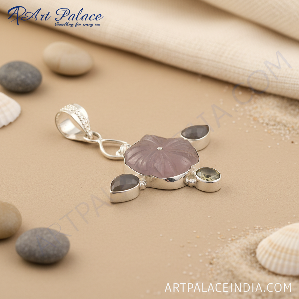 925 sterling silver flower pendant with a central pink gemstone and three accent stones, a beautiful piece of jewelry.