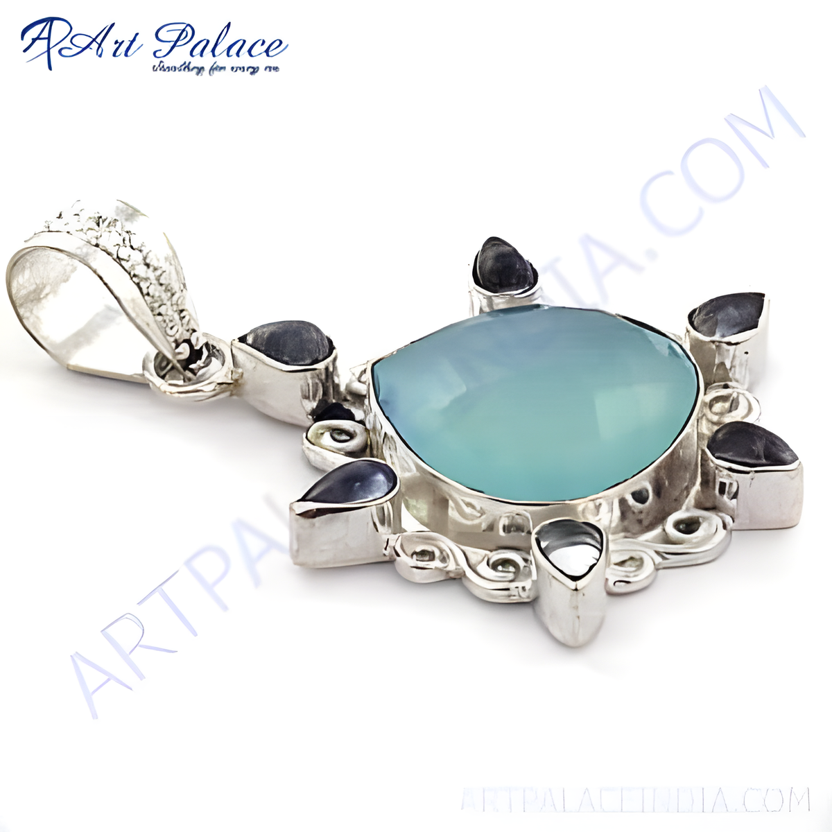 925 sterling silver pendant with a large, light blue chalcedony center stone and black accent gemstones