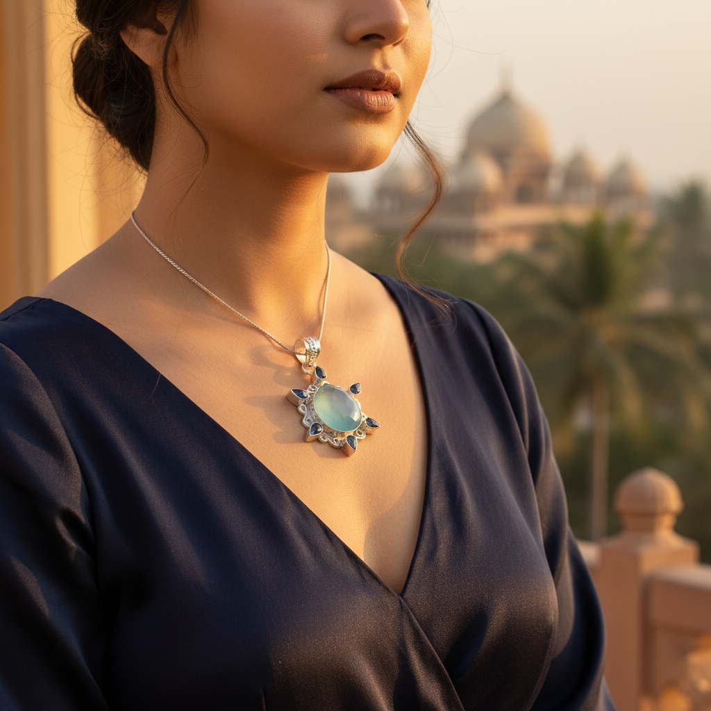 925银蓝色玉髓吊坠（女士款）| 宝石首饰