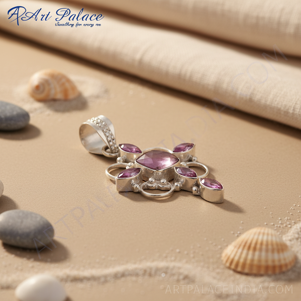 Sterling silver pendant with central gemstone and surrounding pink accent stones, a beautiful piece of jewelry.