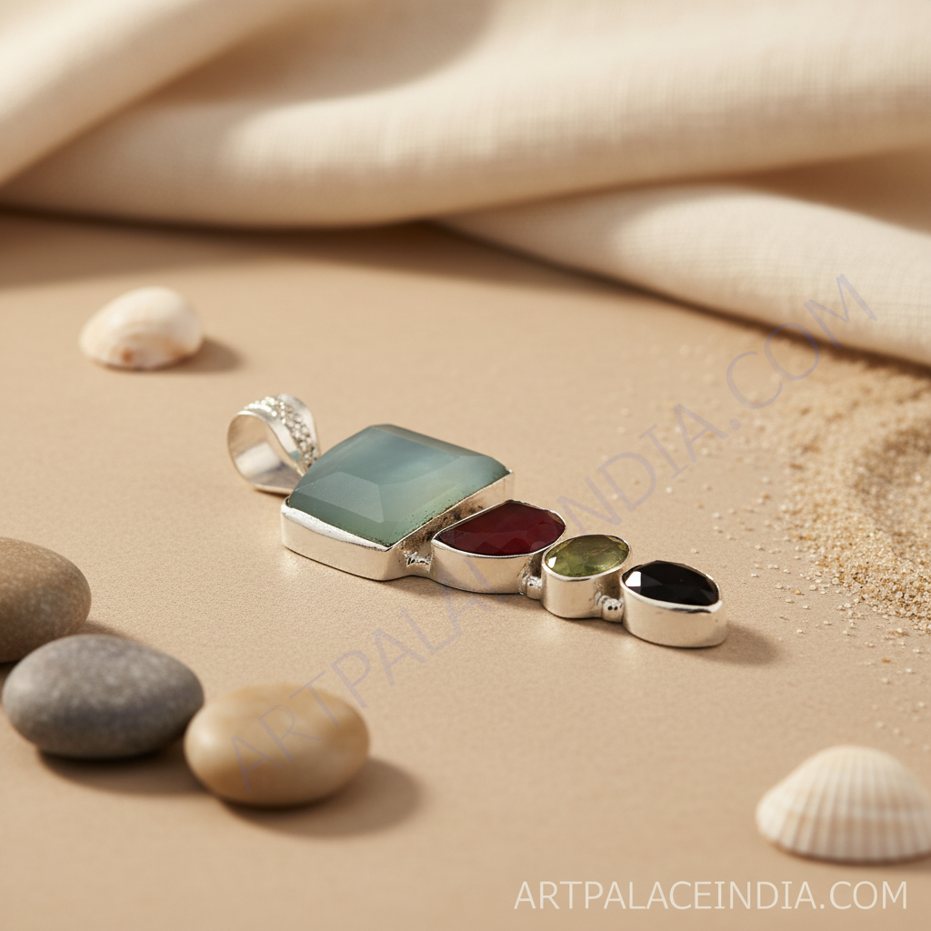 Sterling silver pendant necklace with multiple colorful gemstones, perfect gift for women