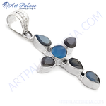 Load image into Gallery viewer, 925 silver cross pendant with blue and grey chalcedony gemstones, elegant women&#39;s jewelry
