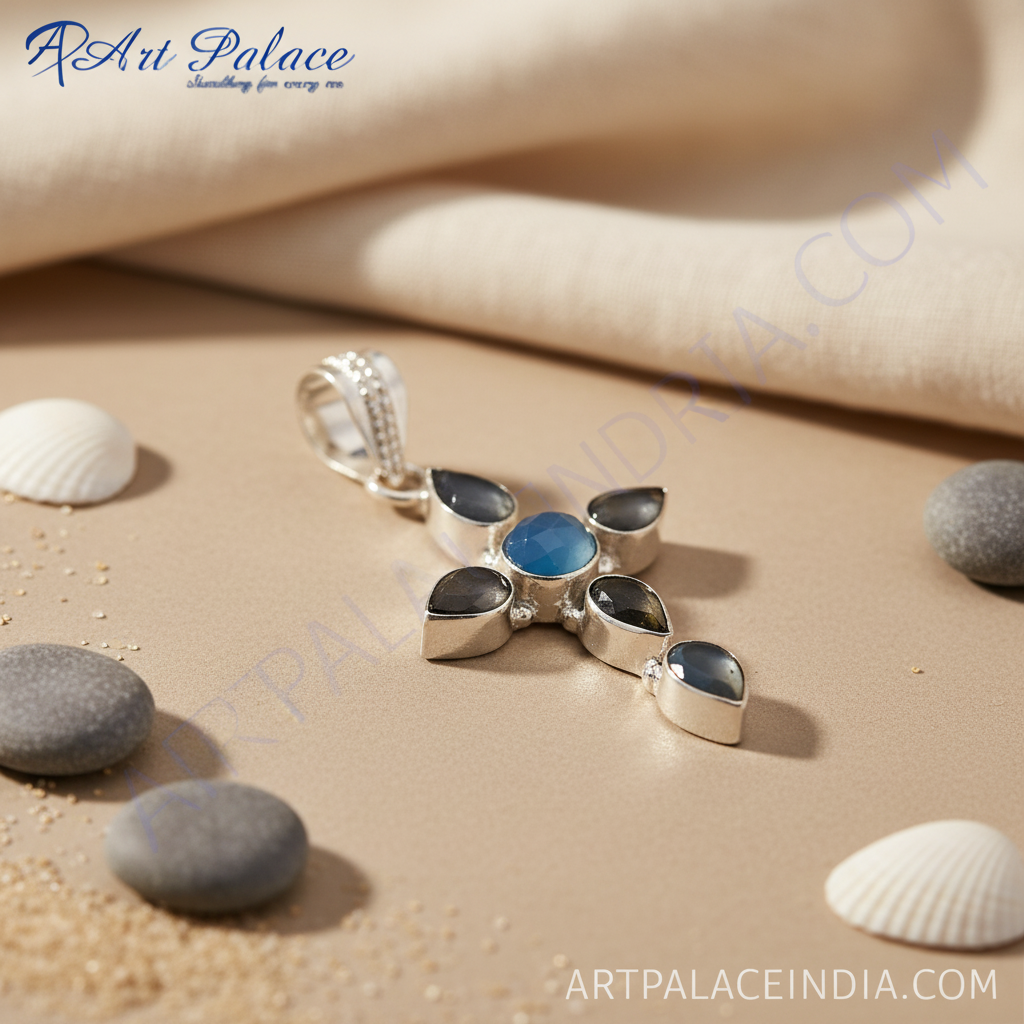 925 silver cross pendant with blue and grey chalcedony gemstones, elegant women's jewelry