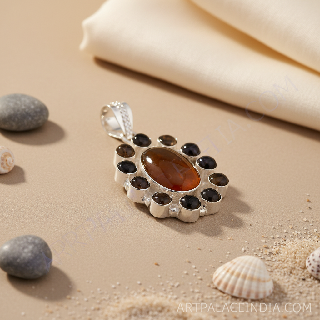 925 silver oval gemstone pendant necklace with brown and black stones