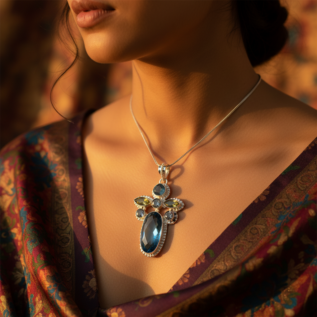 925 Silver Blue Topaz Gemstone Pendant for Women | Gift Jewelry