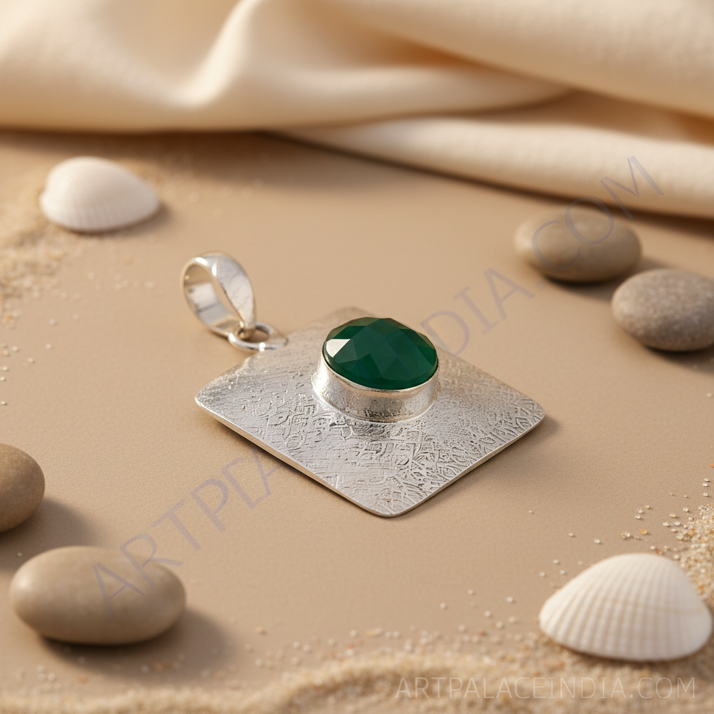 925 sterling silver pendant with a green onyx gemstone. Square shaped pendant for women.