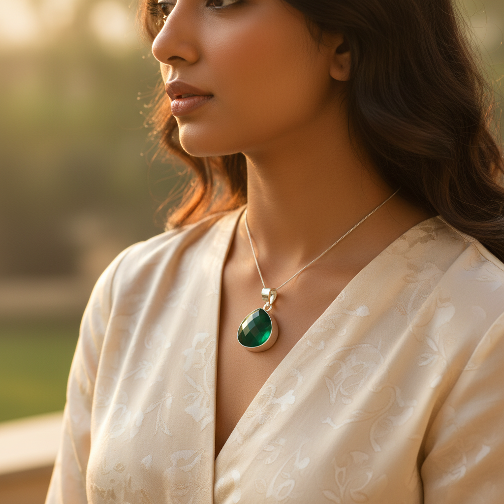 925 Silver Green Onyx Teardrop Pendant for Women | Gift