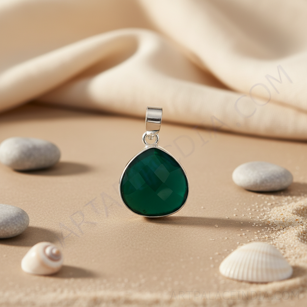 925 sterling silver green onyx teardrop pendant, a faceted green gemstone with silver frame.