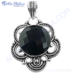 Load image into Gallery viewer, 925 sterling silver pendant with a large, faceted black onyx gemstone center, floral design.

