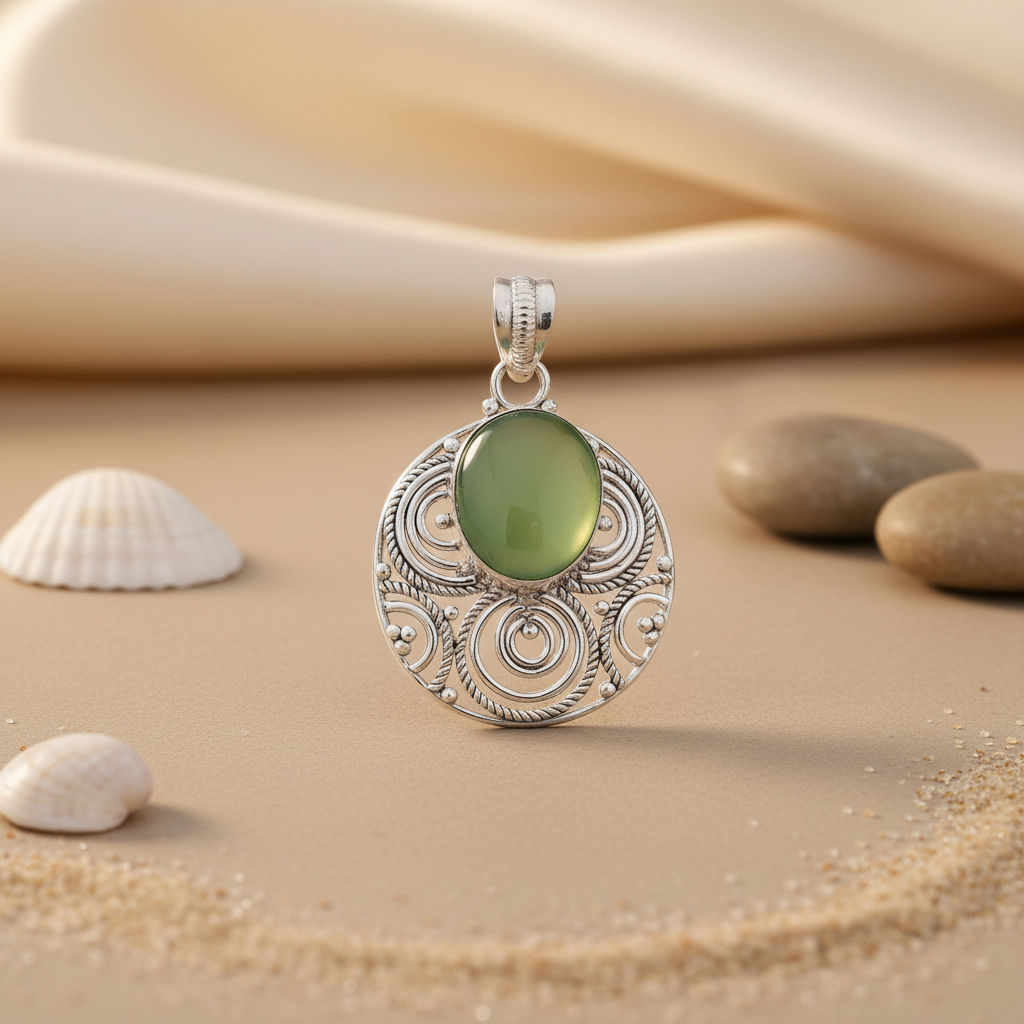 925 Silver Green Chalcedony Pendant | Women's Oval Stone Jewelry