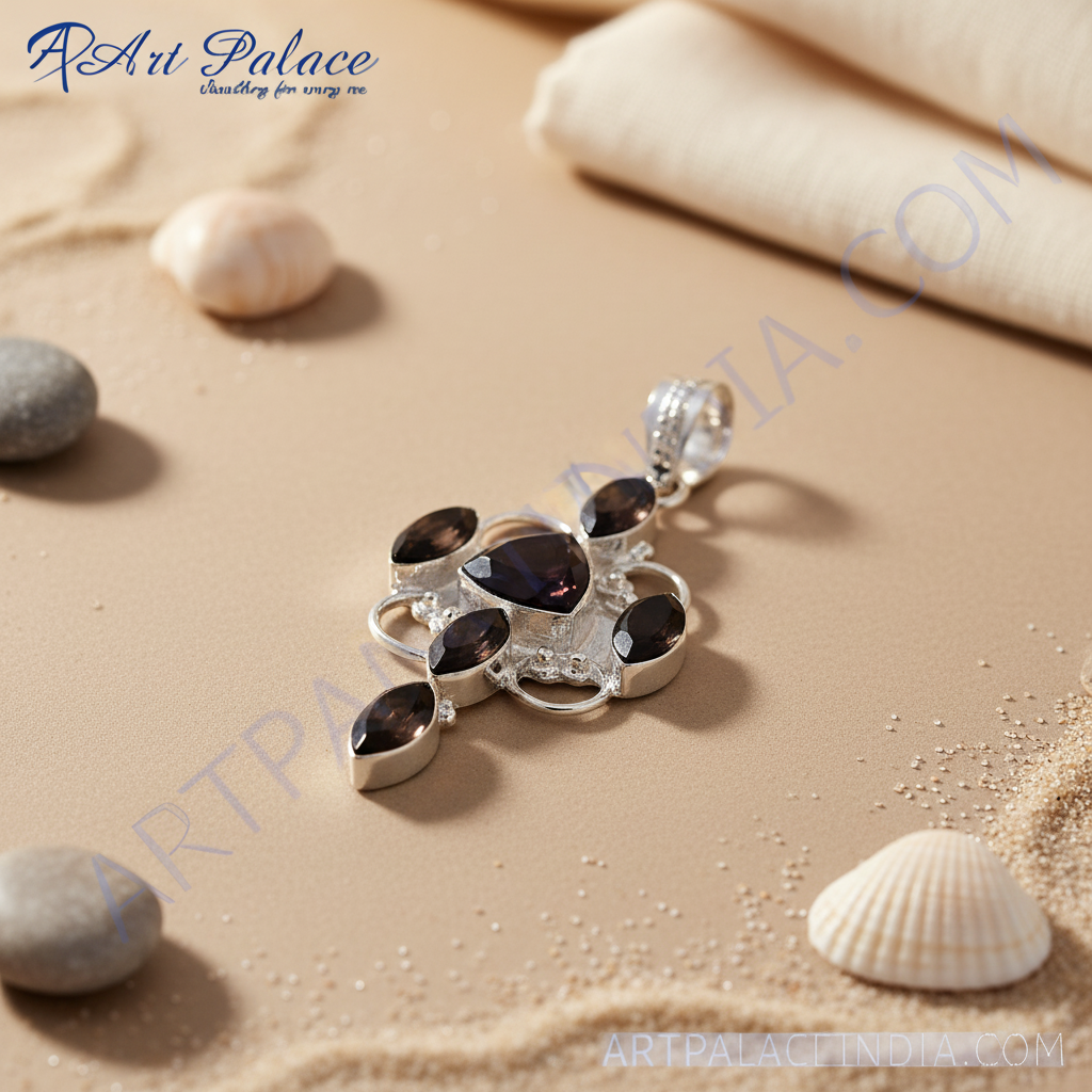 925 sterling silver pendant with black gemstones set in a unique floral design
