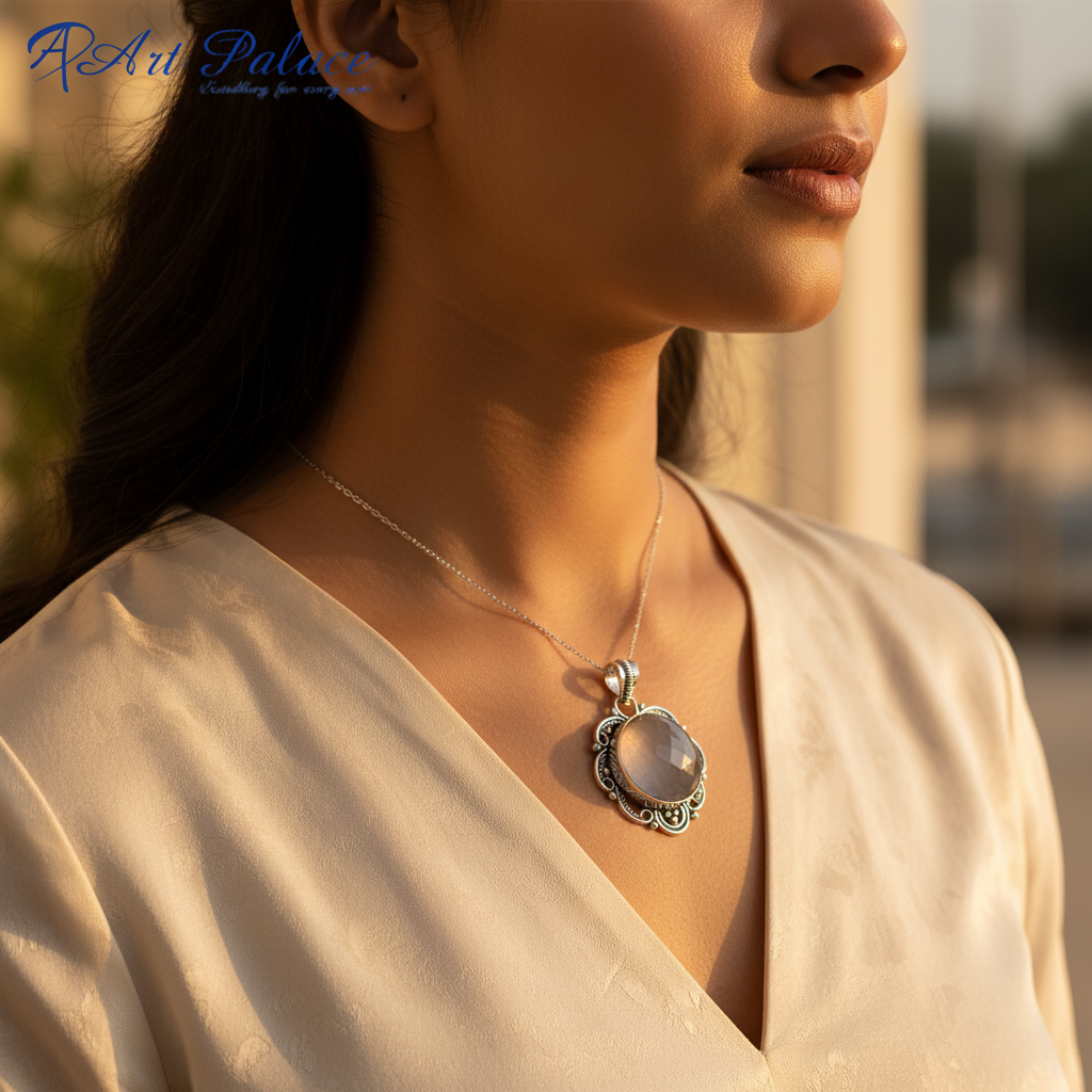 925 Silver Rose Quartz Pendant for Women | Gemstone Jewelry