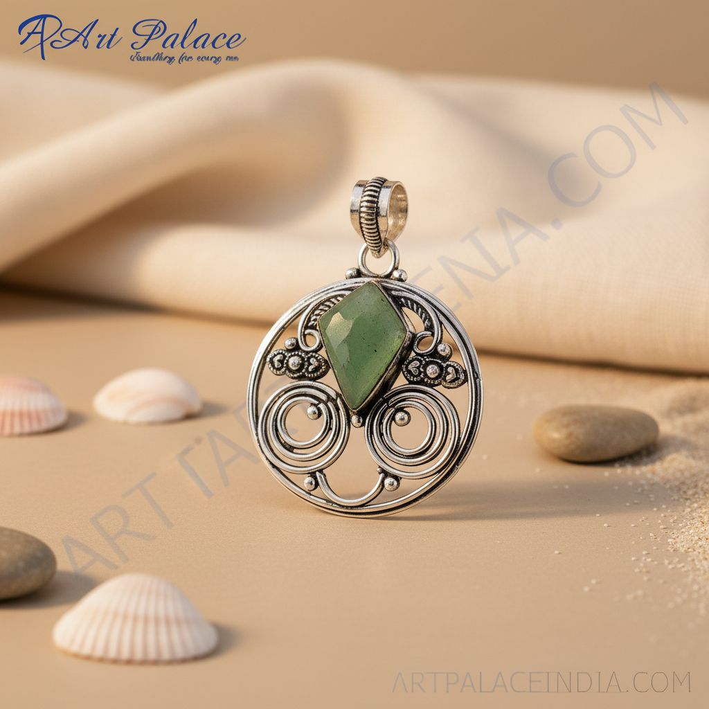 925 sterling silver pendant with green gemstone center for women. Stylish and elegant design.