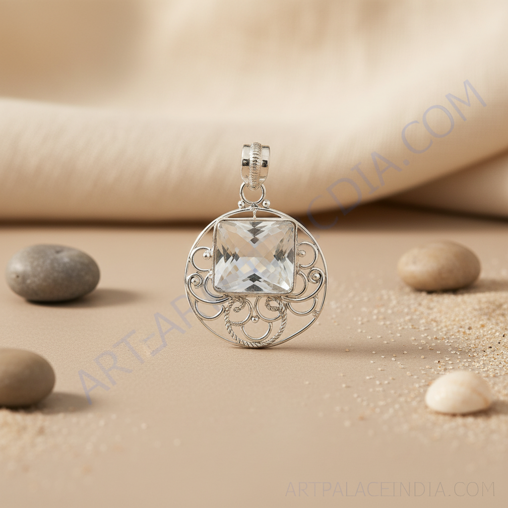925 sterling silver square stone pendant necklace with intricate filigree design