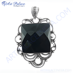 Load image into Gallery viewer, 925 sterling silver pendant with a large, square black onyx gemstone. Elegant silver filigree detail.
