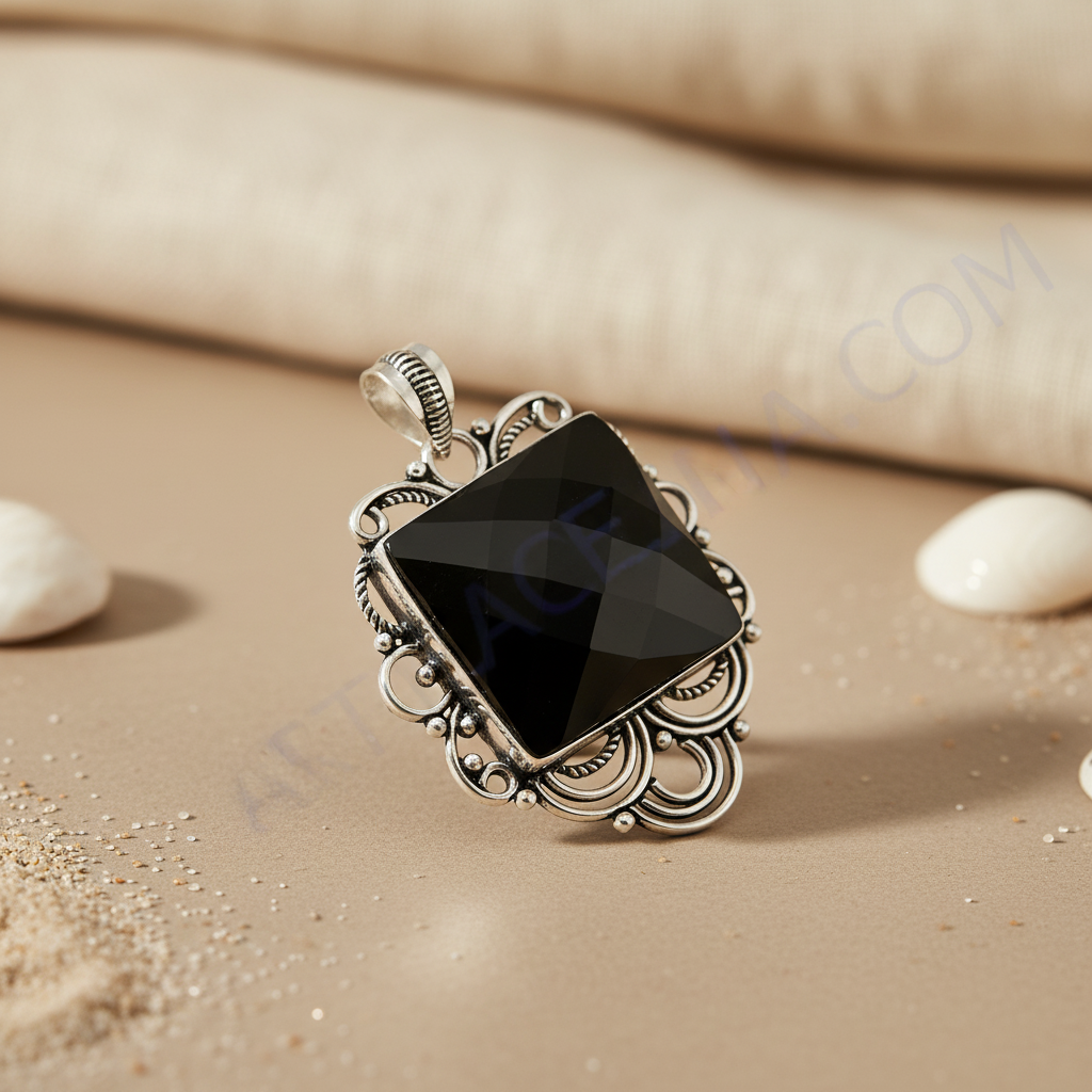 925 sterling silver pendant with a large, square black onyx gemstone