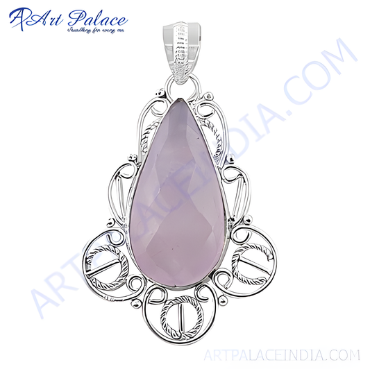 925 sterling silver pendant with a large pink rose quartz gemstone center