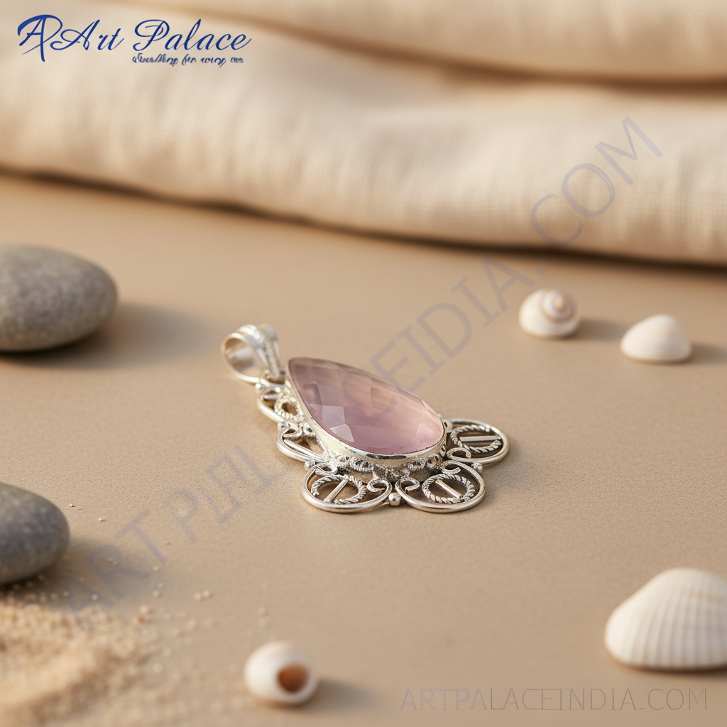 925 sterling silver pendant with a large pink rose quartz gemstone center