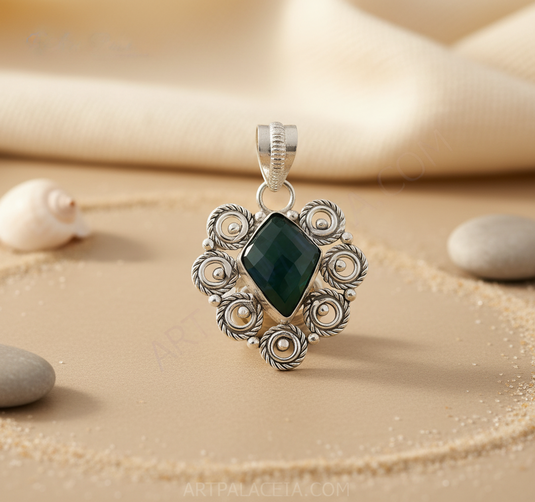 925 sterling silver pendant with a green onyx gemstone center, a floral design.