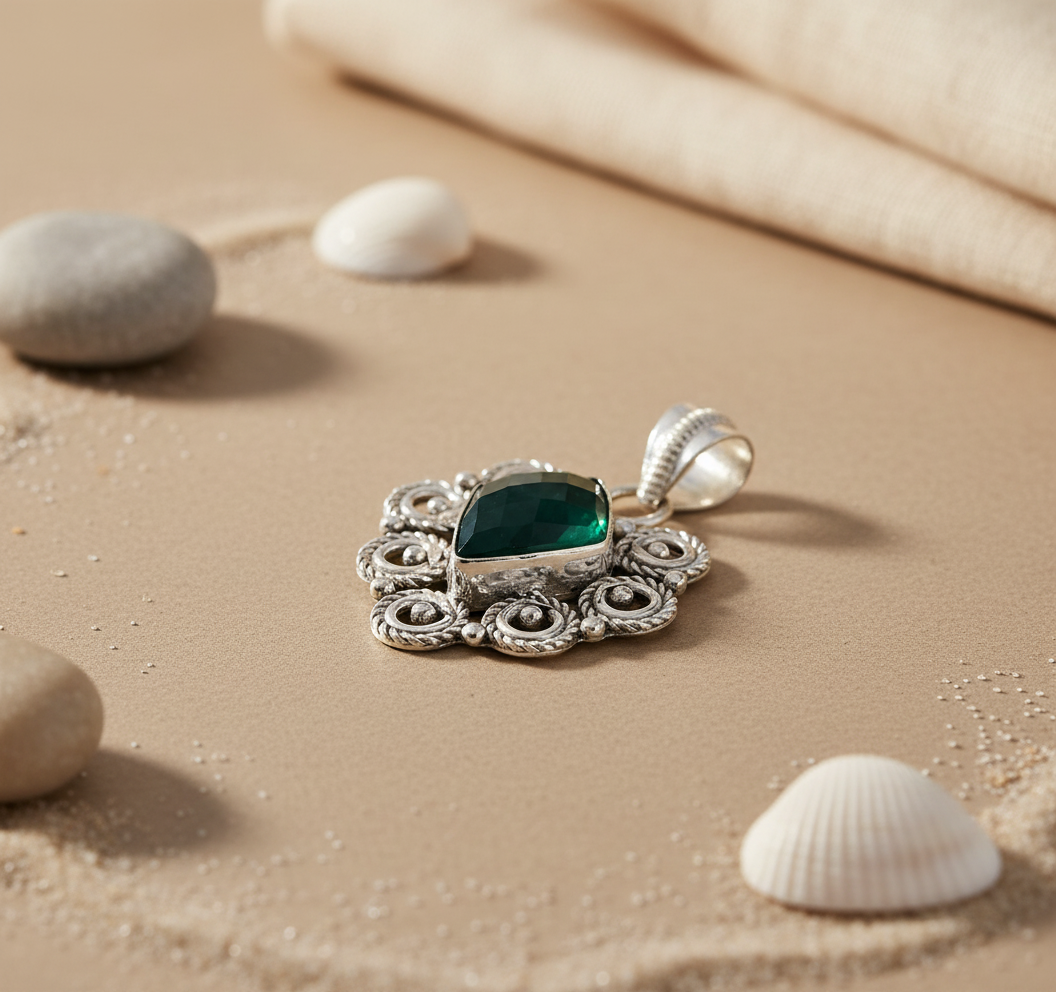 925 Silver Green Onyx Pendant for Women | Gemstone Jewelry