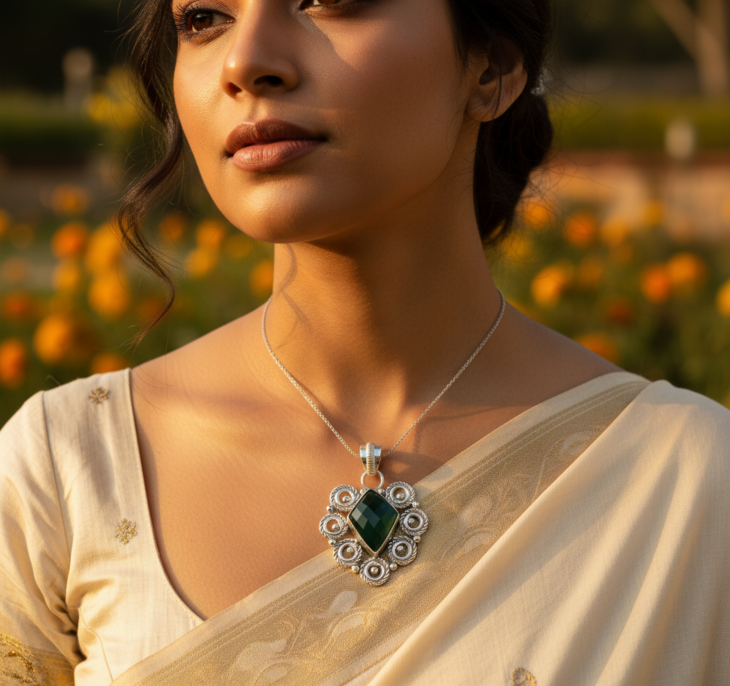 925 Silver Green Onyx Pendant for Women | Gemstone Jewelry