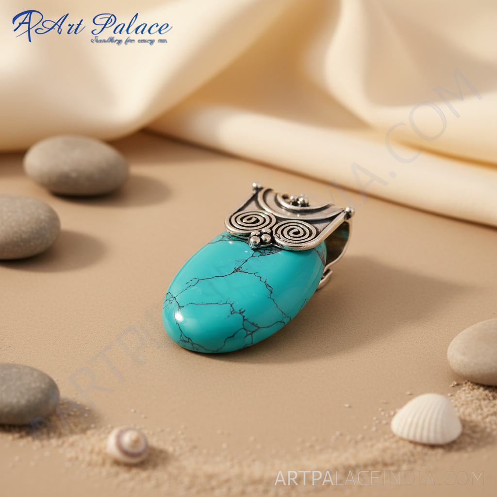 925 sterling silver turquoise pendant with intricate silver detailing and a vibrant blue green gemstone