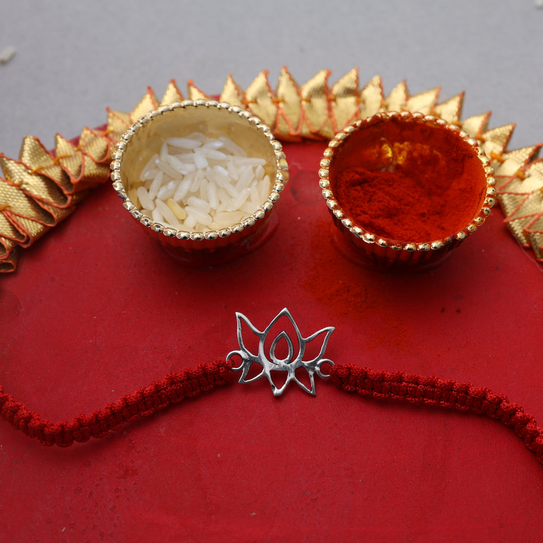Lotus Flower 925 Silver Rakhi for Brother with Red Thread