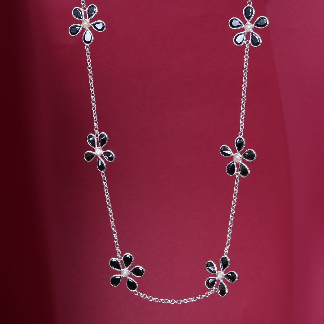 Silver Flower Necklace | Black Enamel Floral Chain for Women