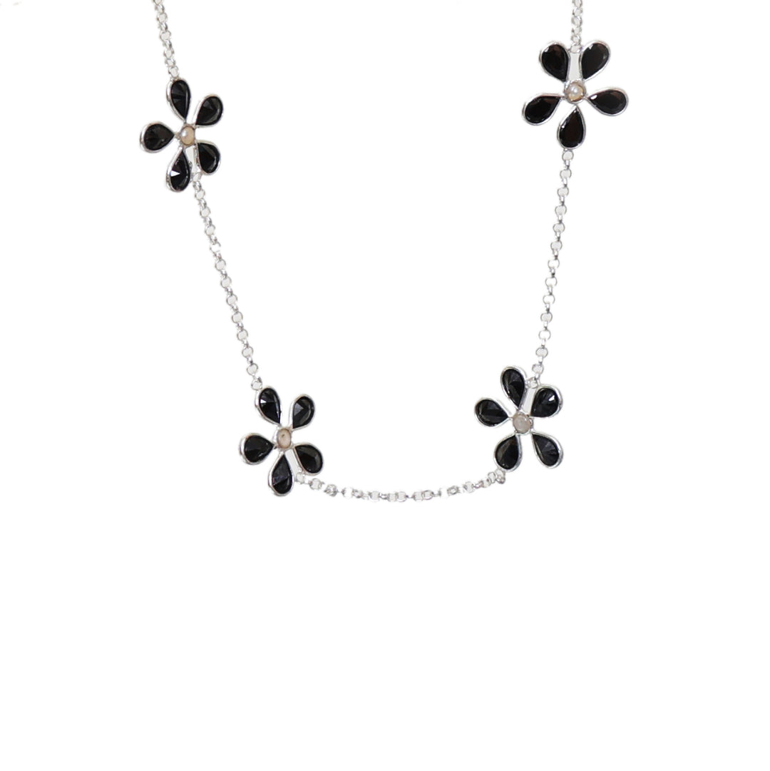 Silver Flower Necklace | Black Enamel Floral Chain for Women