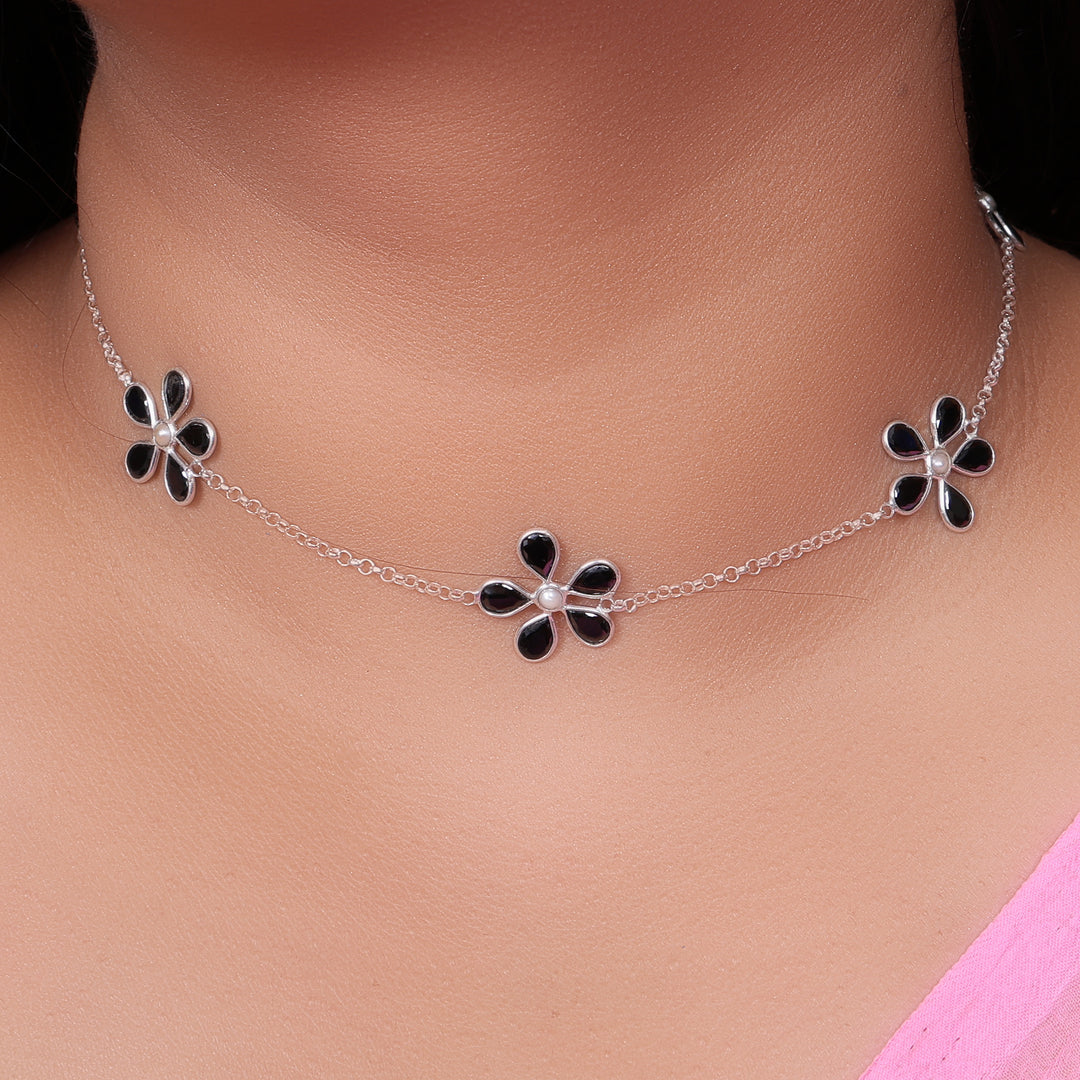 Silver Flower Necklace | Black Enamel Floral Chain for Women