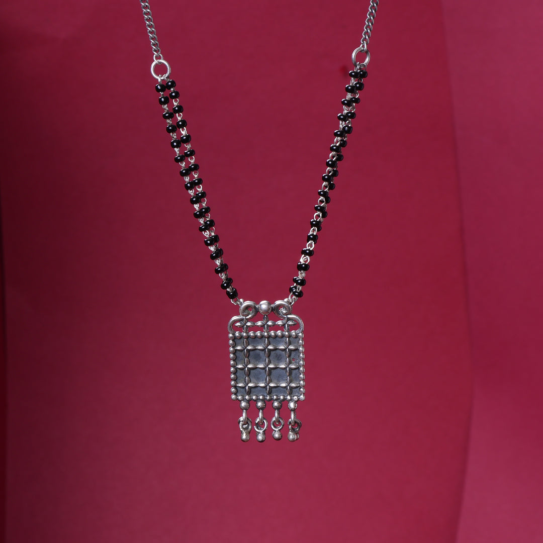 925 Silver Black Bead Grid Pendant Necklace | Women's Jewelry
